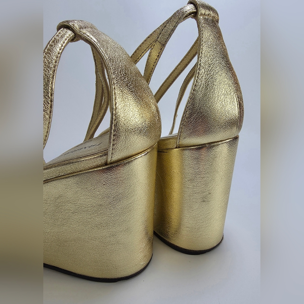 Tamara Mellon Nappa Metallic Gold Strappy Wedge Heels Size 40.5 - Picture 15 of 16